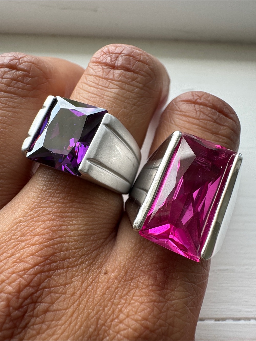 Bold Rectangular Gem Statement Rings - Pink & Purple